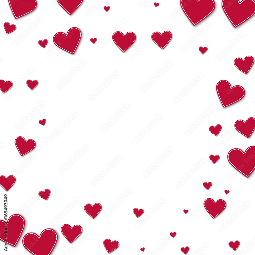 Cutout red paper hearts. Square scattered frame on white background. Vector illustration.