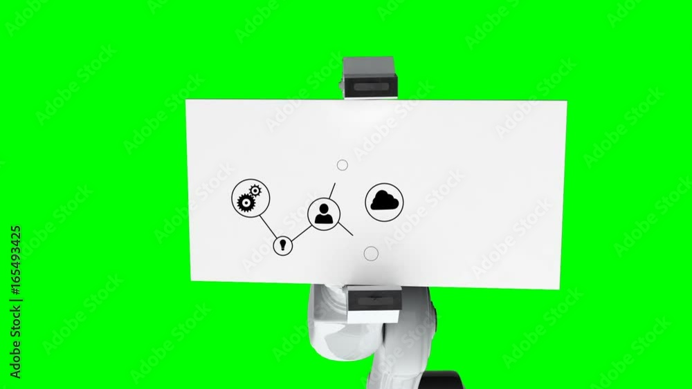 Digitally generated video of white robotic arm holding card with networking icon Digitally generated video of white robotic arm holding card with networking icon
