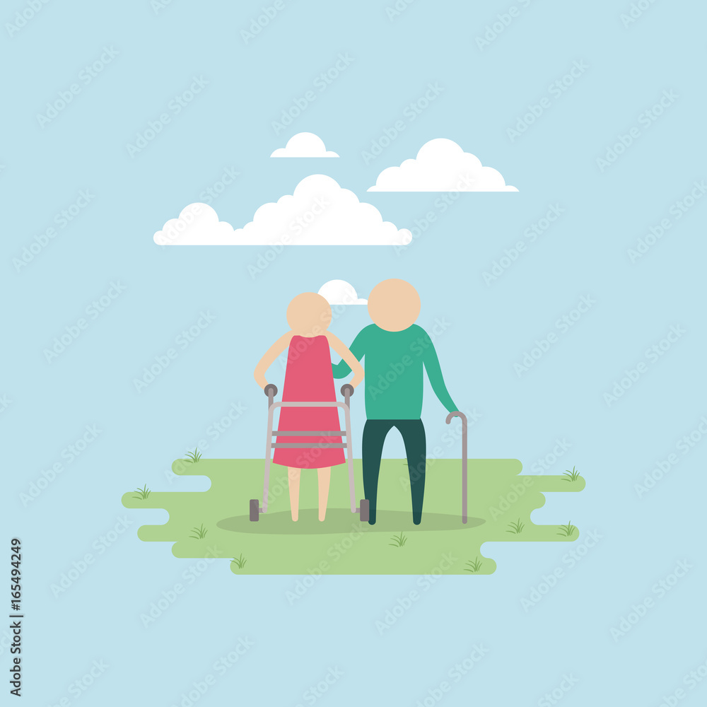 color background sky landscape and grass with silhouette set pictogram elderly couple in grass with walking stick vector illustration