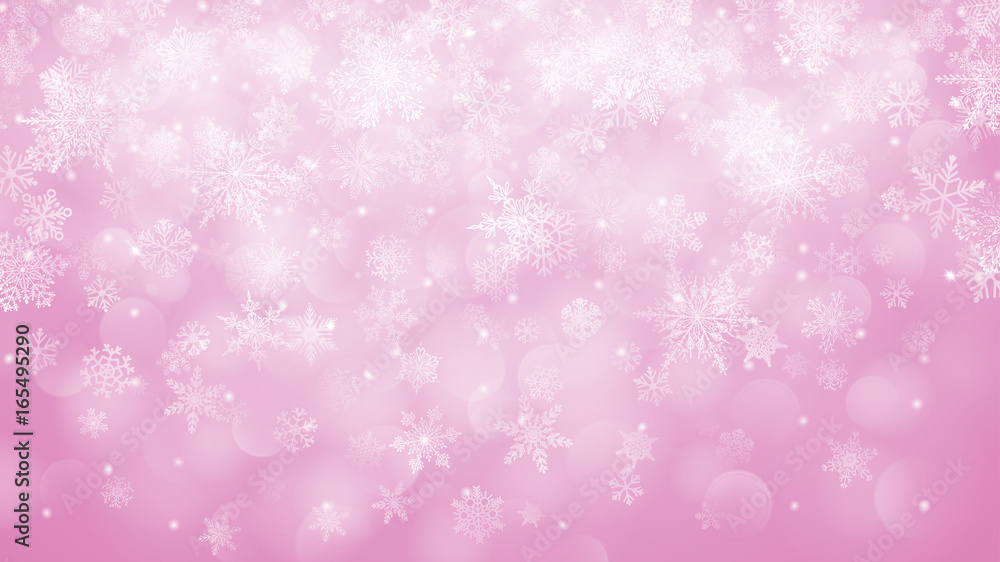 Christmas background of snowflakes with bokeh effectin pink