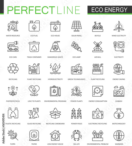 Eco energy thin line web icons set. Renewable green technology outline stroke icons design.
