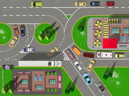 Top view large busy intersection in the city