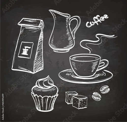 Coffee set on chalkboard