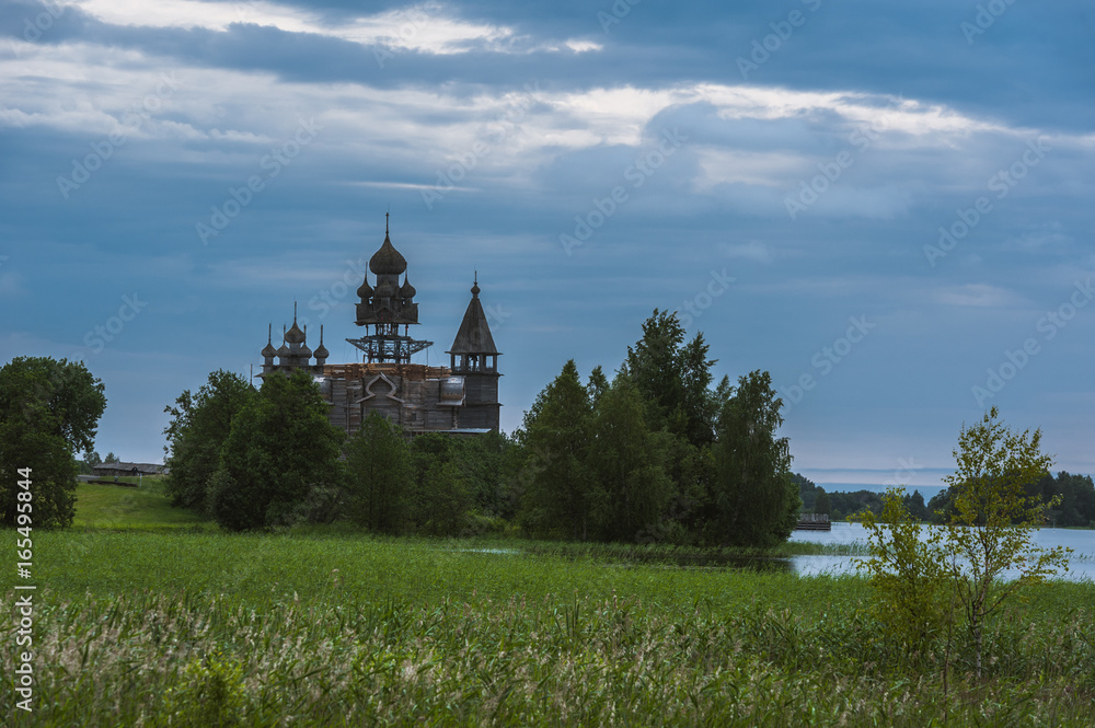 Kizhi Island, Russia. Ancient wooden religious architecture. Summer landscape