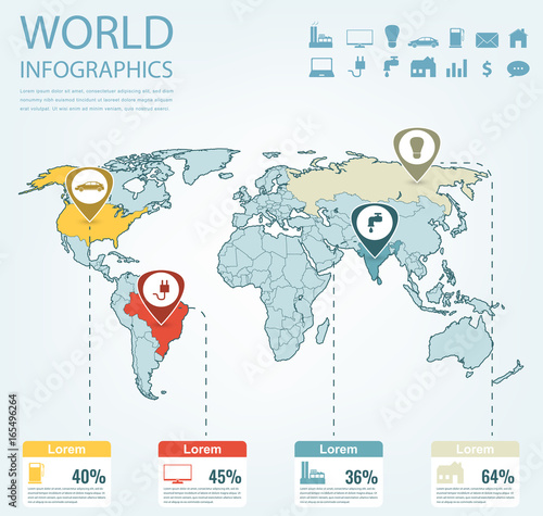 World map infographic template. All countries are selectable. Vector