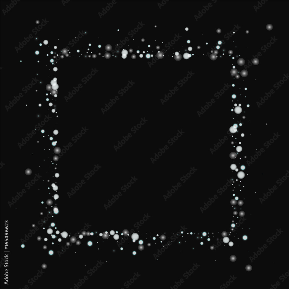 Beautiful falling snow. Square abstract border with beautiful falling snow on black background. Vector illustration. Beautiful falling snow. Square abstract border with beautiful falling snow on black background. Vector illustration.