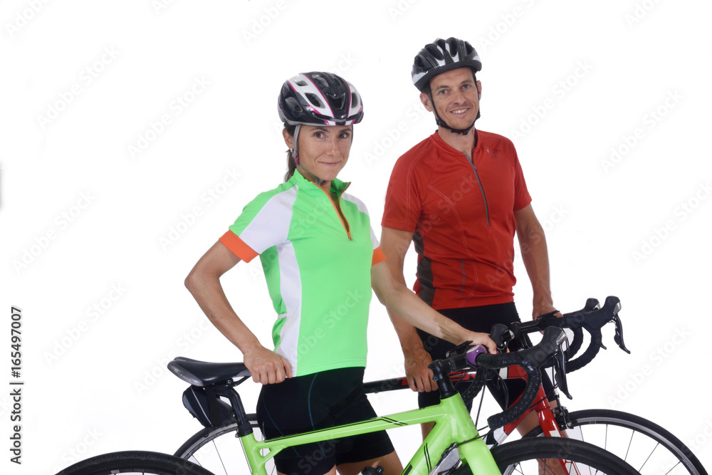 Couple with bike isolated on white Couple with bike isolated on white