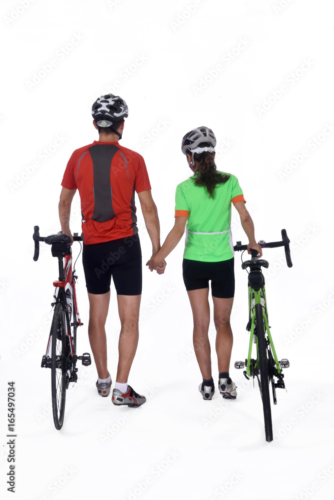 Couple with bike isolated on white, Couple with bike isolated on white,
