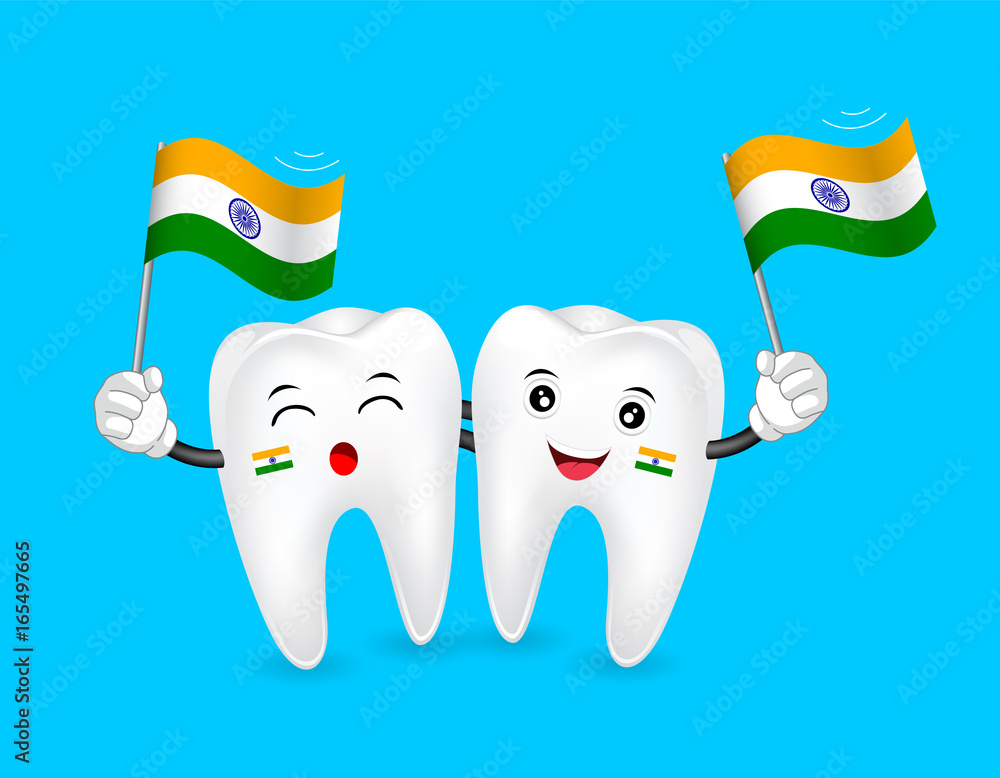 Cute cartoon tooth character waving india flag. Happy Independence Day.  Illustration isolated on blue background. Stock Vector | Adobe Stock