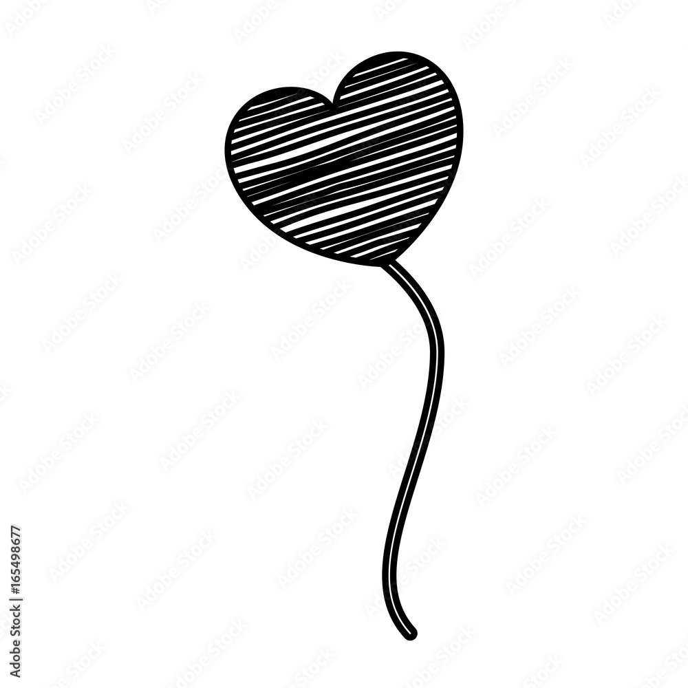 monochrome silhouette of balloon in heart shape with striped lines floating vector illustration