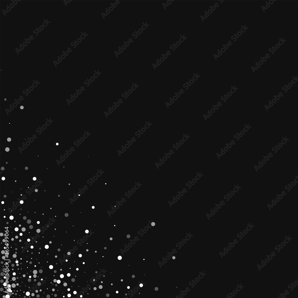 Random falling white dots. Messy bottom left corner with random falling white dots on black background. Vector illustration.