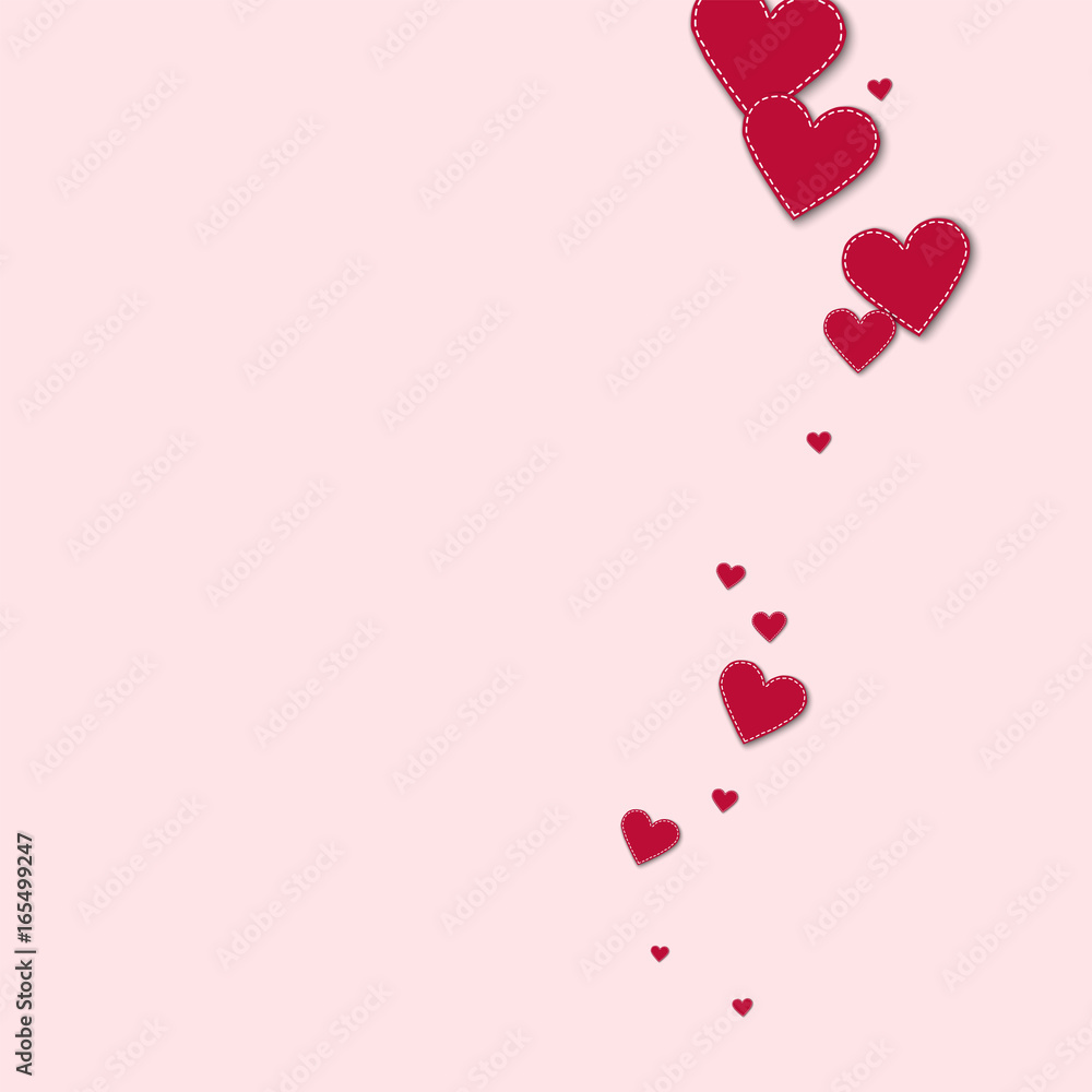 Red stitched paper hearts. Right wave on light pink background. Vector illustration.