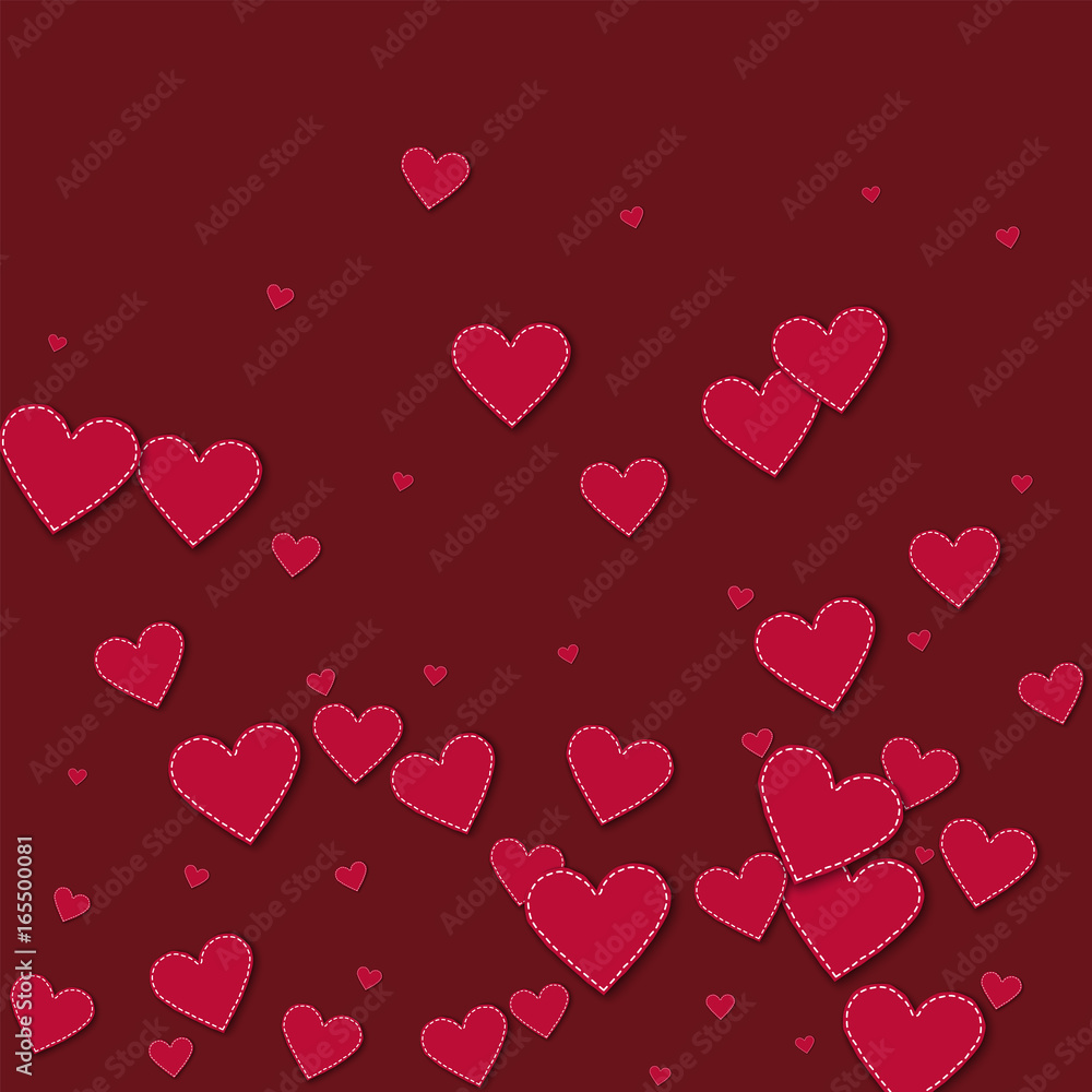 Red stitched paper hearts. Bottom gradient with red stitched paper hearts on wine red background. Vector illustration.