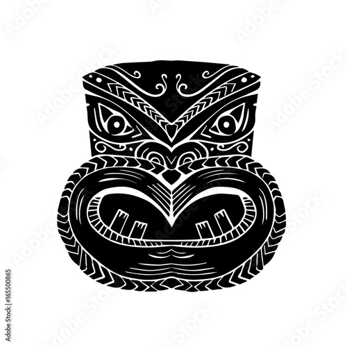 New Zealand Maori Koruru Tiki Mask Woodcut photo