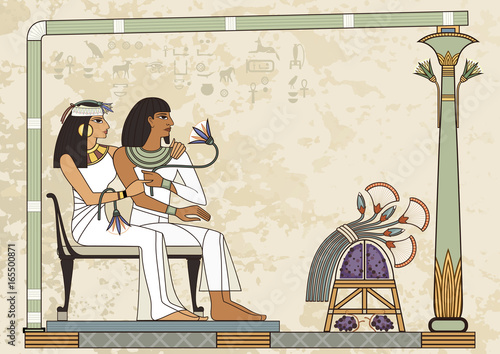  Stylized ancient culture background.Murals with ancient egypt scene