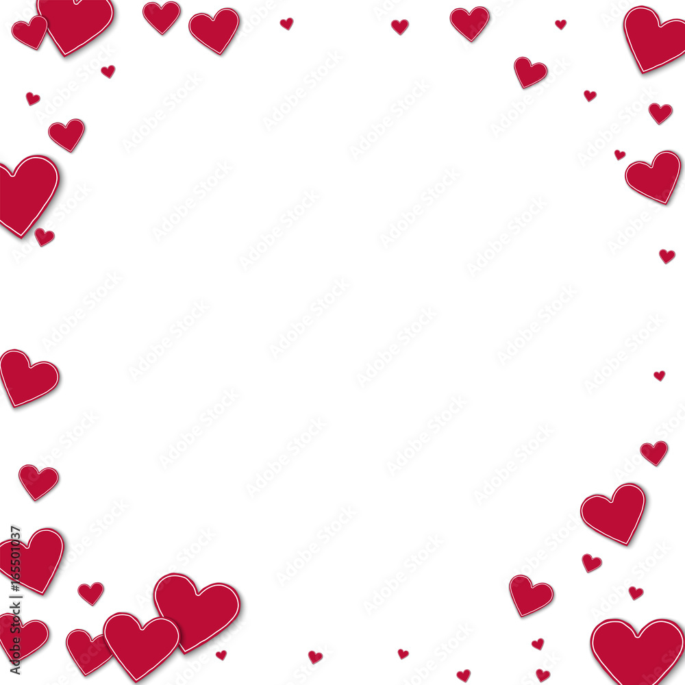 Cutout red paper hearts. Corner frame on white background. Vector illustration.