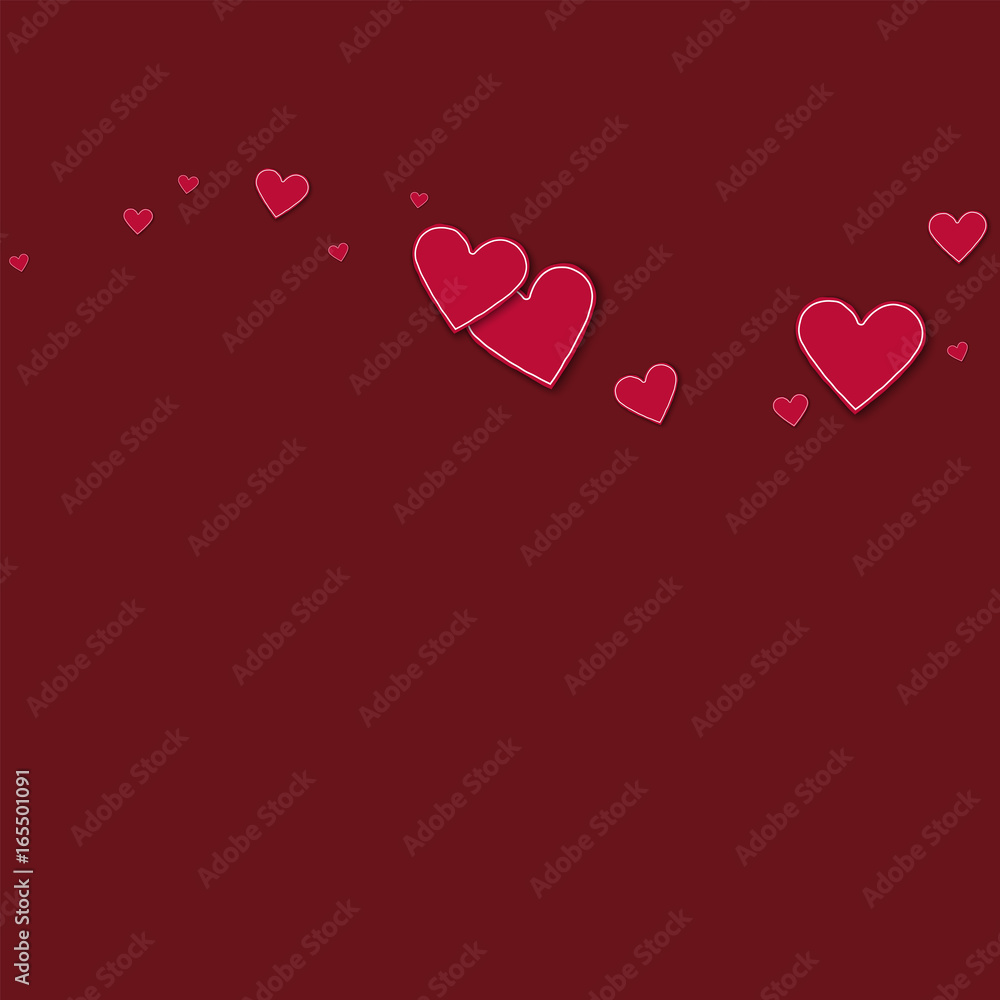 Cutout red paper hearts. Top wave on wine red background. Vector illustration.
