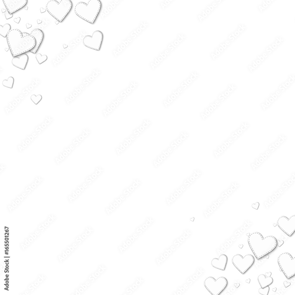 Beautiful white paper hearts. Frame corners on white background. Vector illustration.