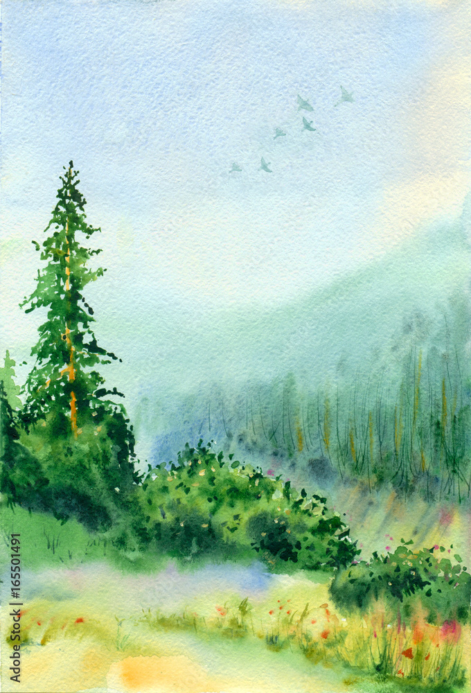 Fototapeta premium Watercolor painting. Summer landscape with mountains and spruce.