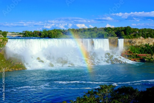 View of the American side of Niagara Falls with beautiful rainbow
