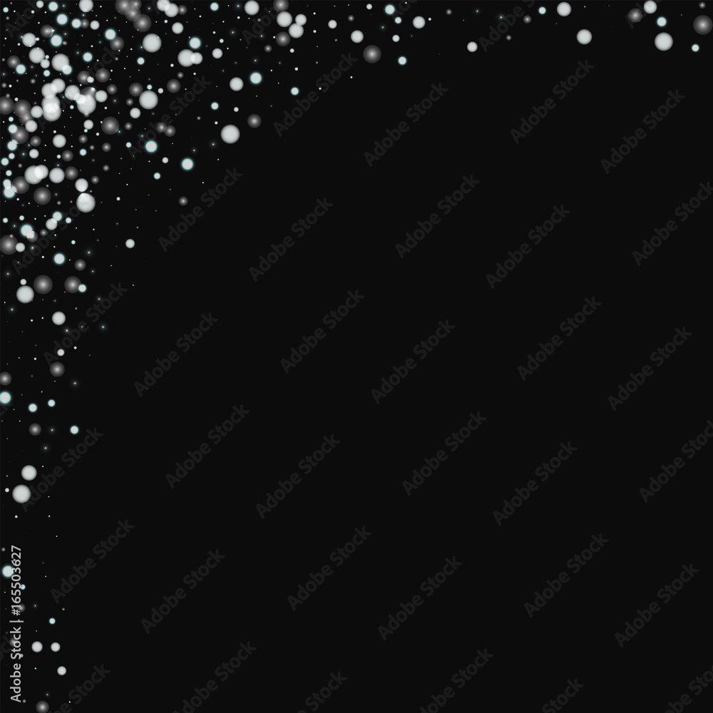 Beautiful falling snow. Abstract left top corner with beautiful falling snow on black background. Vector illustration.