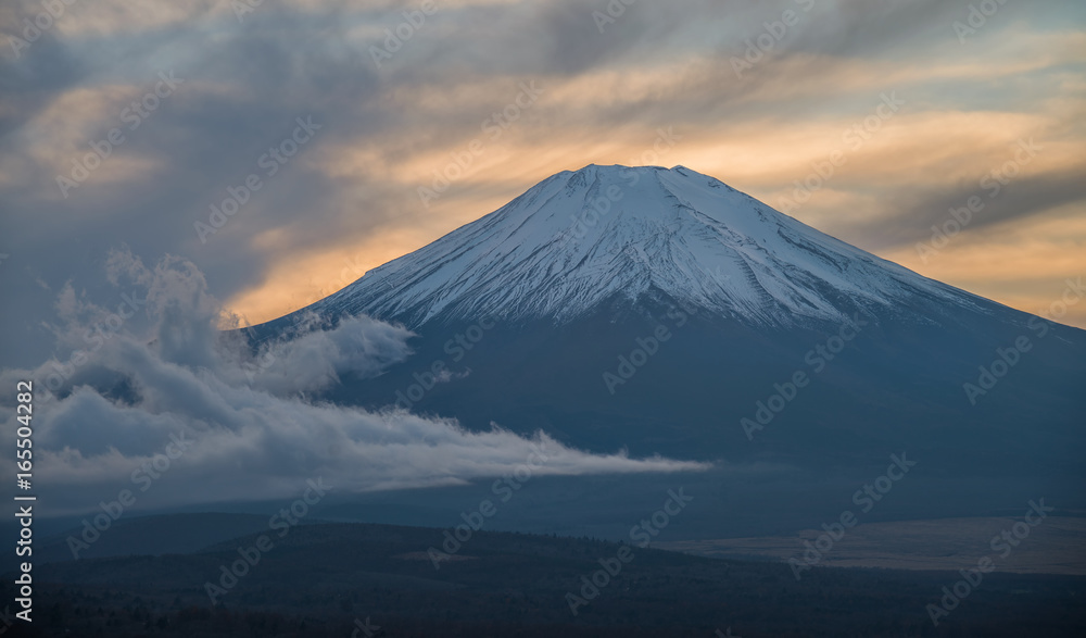 Fuji mountain during sunset at Yamanakako viewpoint.