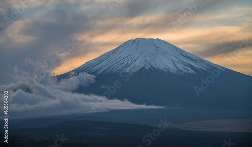Fuji mountain during sunset at Yamanakako viewpoint.