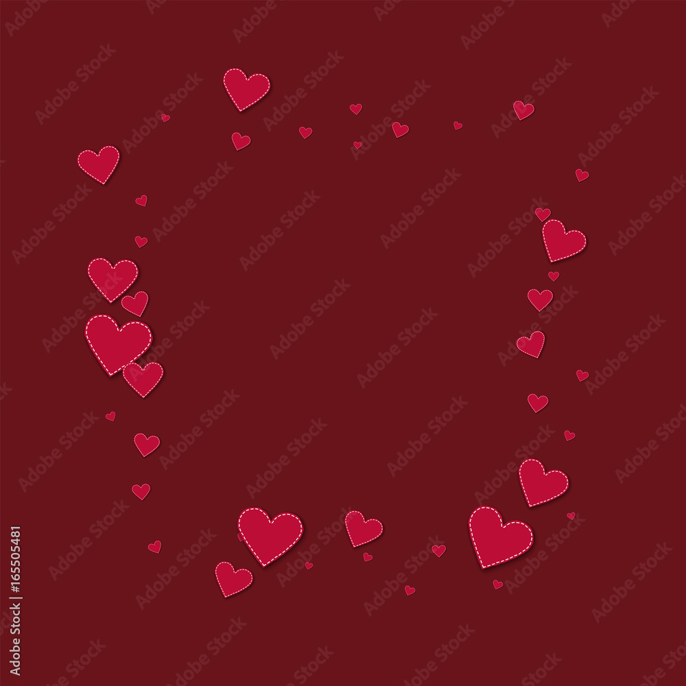Red stitched paper hearts. Square abstract mess on wine red background. Vector illustration.