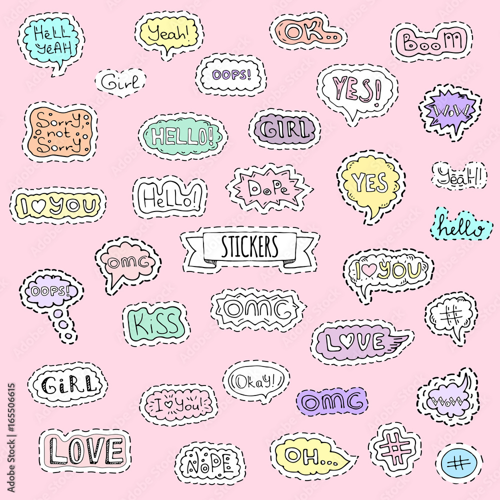 Fashion patch badges. Vector illustration Hand drawn isolated on light background. Set of stickers, pins, patches in cartoon 80s-90s pop-art comic style design. Lettering Boom Yeah Wow Dope Hashtag Ok Fashion patch badges. Vector illustration Hand drawn isolated on light background. Set of stickers, pins, patches in cartoon 80s-90s pop-art comic style design. Lettering Boom Yeah Wow Dope Hashtag Ok