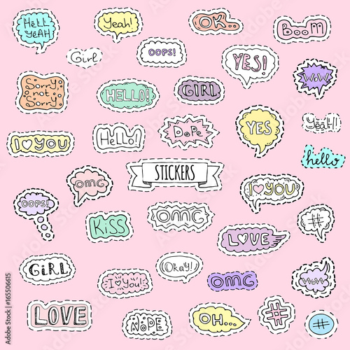 Fashion patch badges. Vector illustration Hand drawn isolated on light background. Set of stickers, pins, patches in cartoon 80s-90s pop-art comic style design. Lettering Boom Yeah Wow Dope Hashtag Ok
