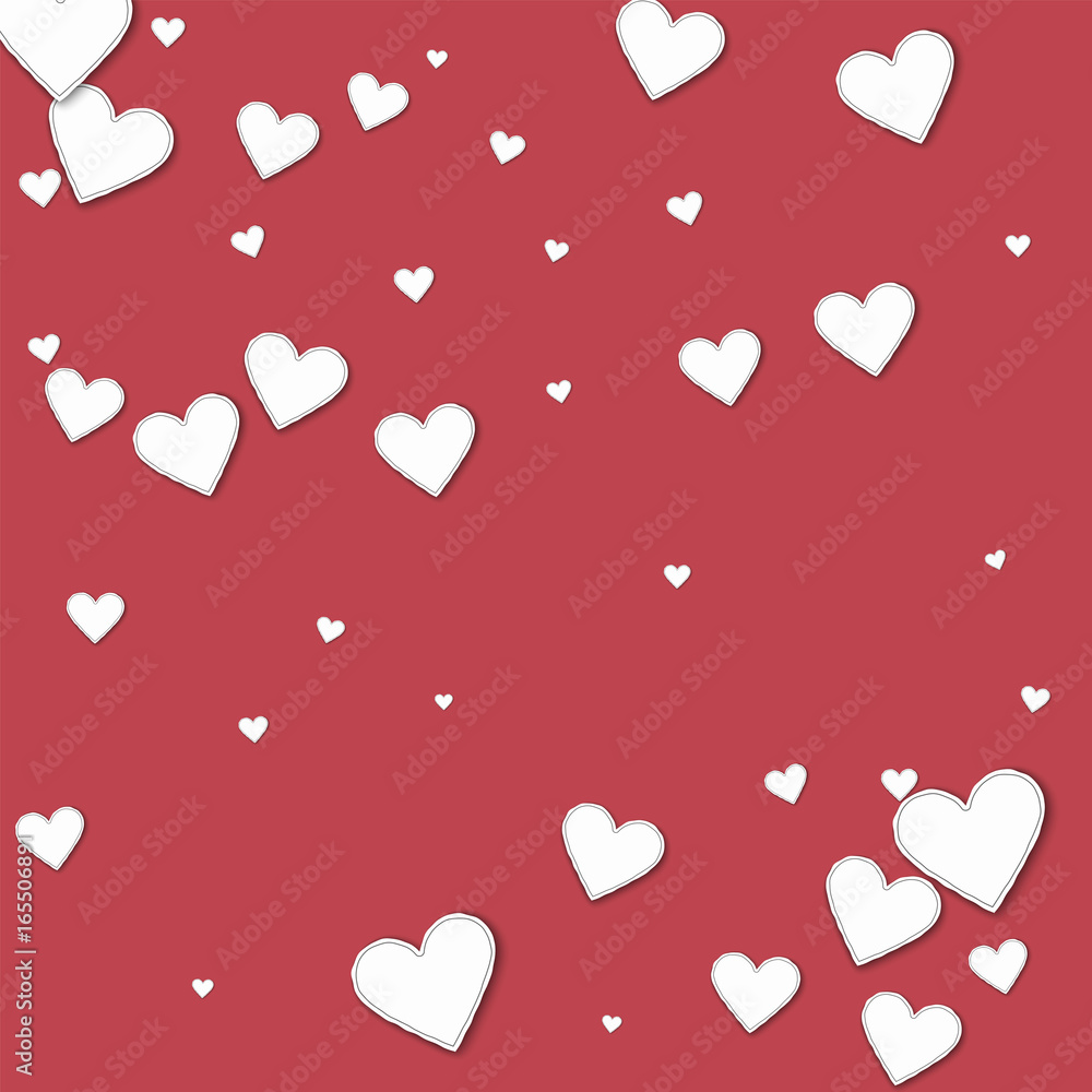 Cutout paper hearts. Scatter pattern on crimson background. Vector illustration.