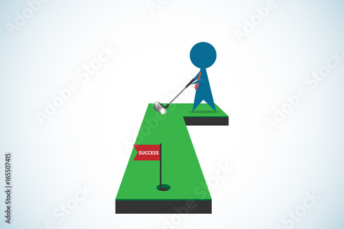 businessman putting golf ball into hole with success flag, business concept