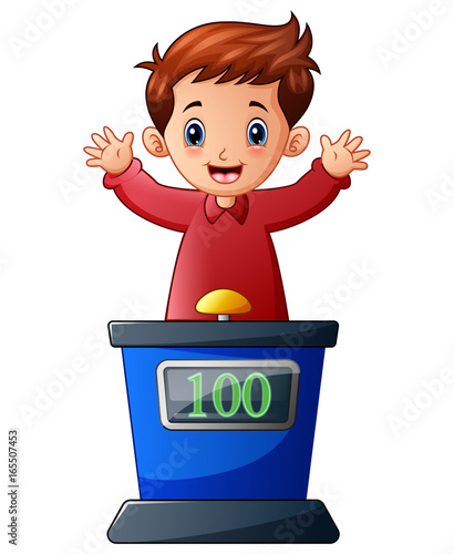 Cartoon kid playing quiz game answering question
