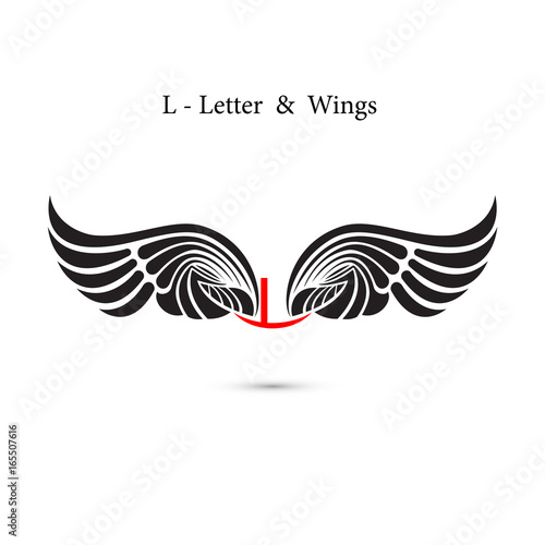 L-letter sign and angel wings.Monogram wing logo mockup.Classic emblem.Elegant dynamic alphabet letters with wings.Creative design element.Corporate branding identity.