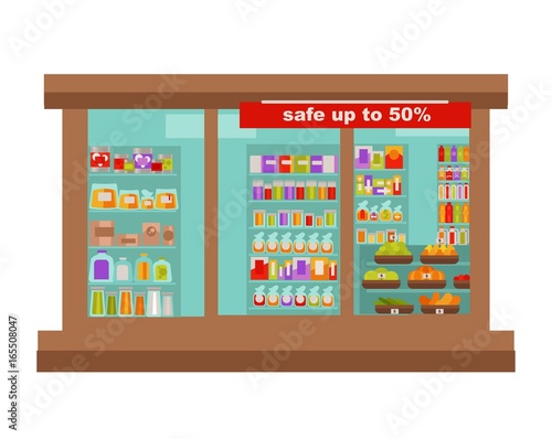 Shop or supermarket grocery store shop-window vector flat design
