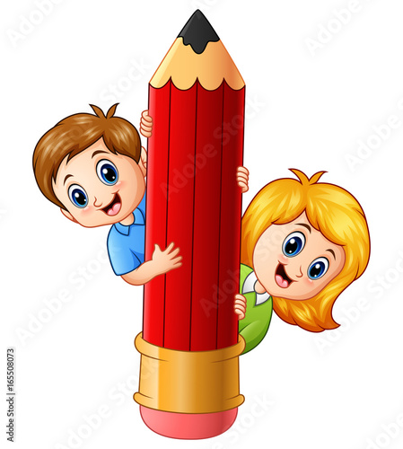Cartoon kids holding pencil