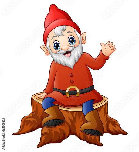 Cartoon dwarf sitting on tree stump