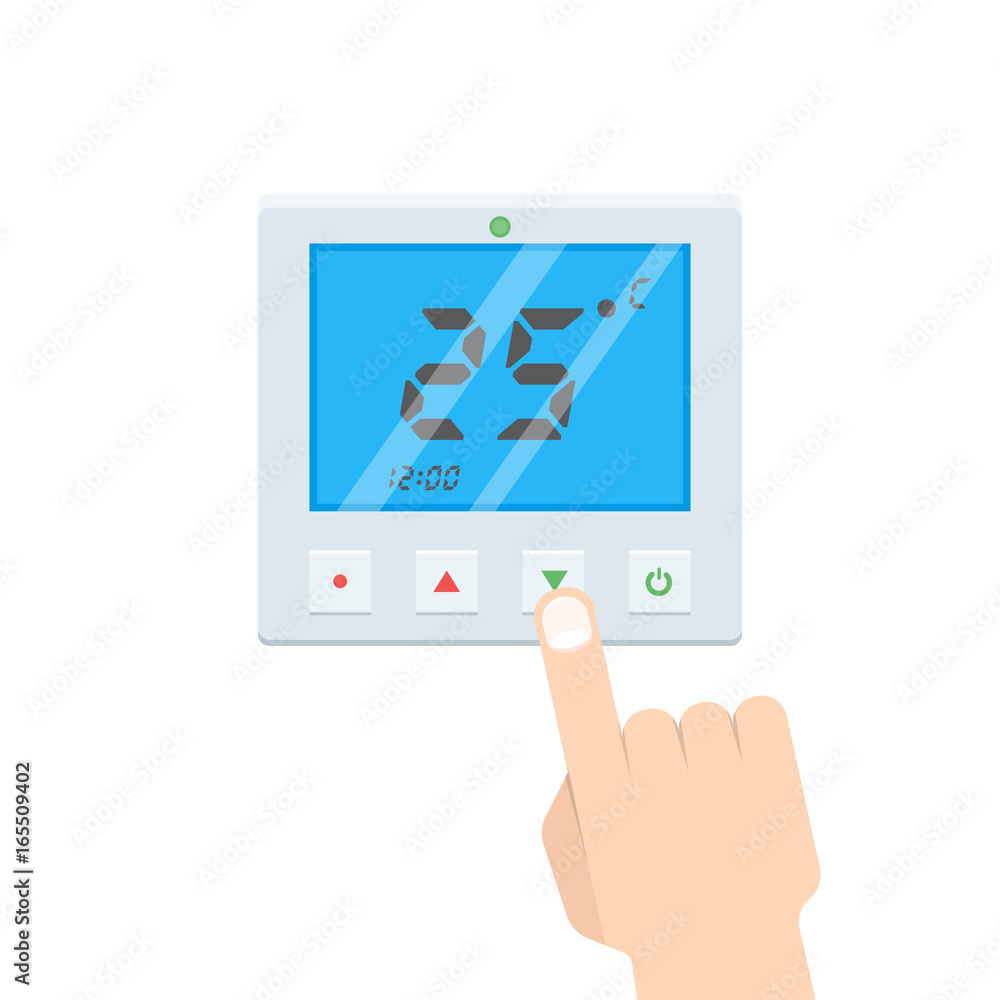 Electronic Thermostat with Hand Which is pressing button. Vector illustration. Electronic Thermostat with Hand Which is pressing button. Vector illustration.