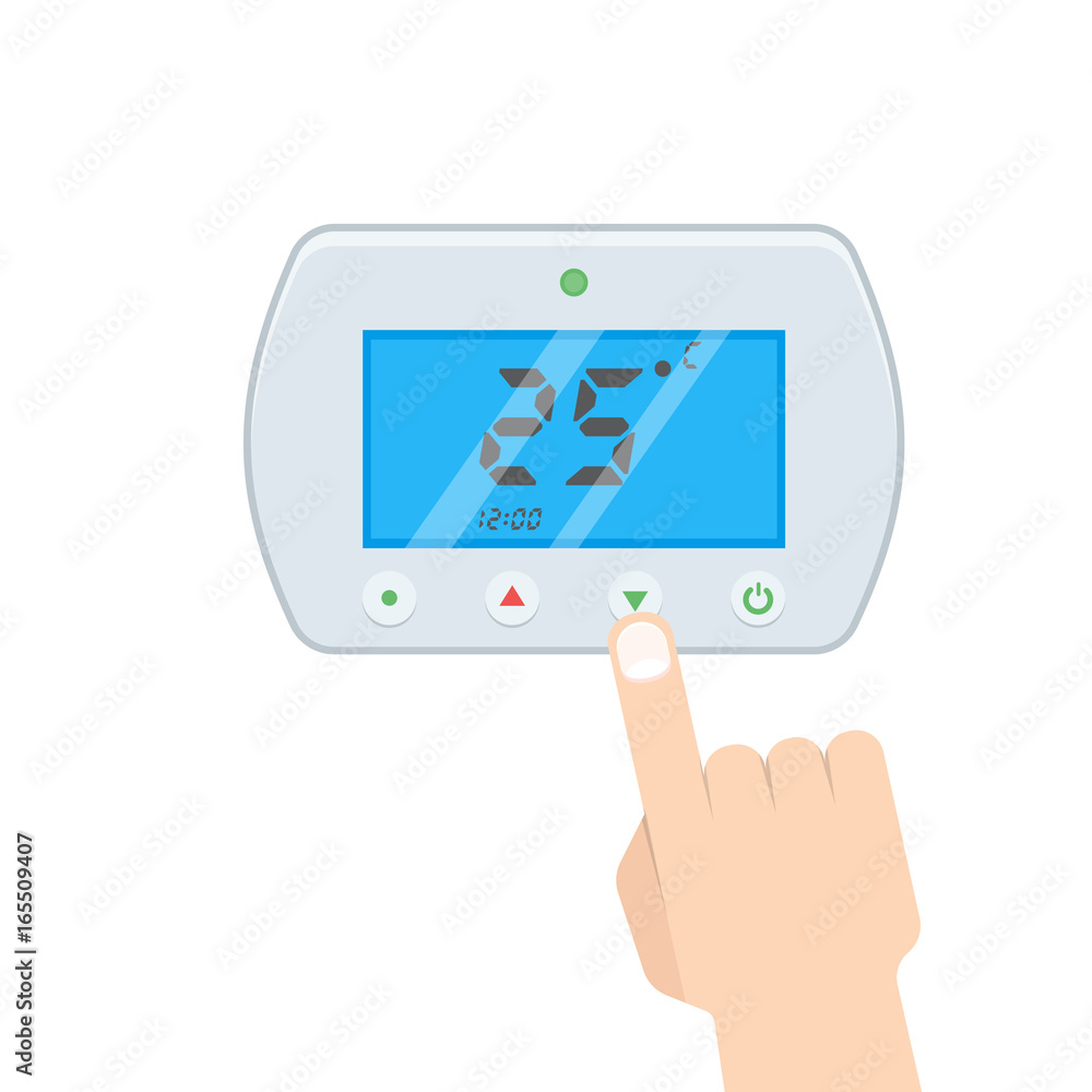 Electronic Thermostat with Hand Which is pressing button. Vector illustration. Electronic Thermostat with Hand Which is pressing button. Vector illustration.
