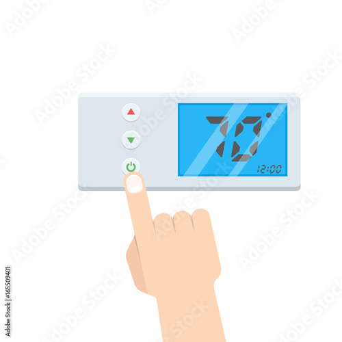 Electronic Thermostat with Hand Which is pressing button. Vector illustration.