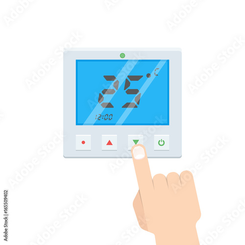 Electronic Thermostat with Hand Which is pressing button. Vector illustration.