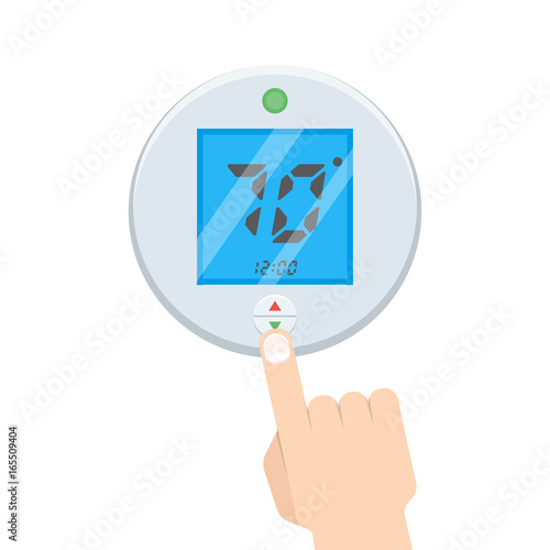Electronic Thermostat with Hand Which is pressing button. Vector illustration.