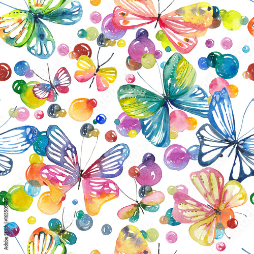 Watercolor background with butterflies and bubbles  seamless pattern