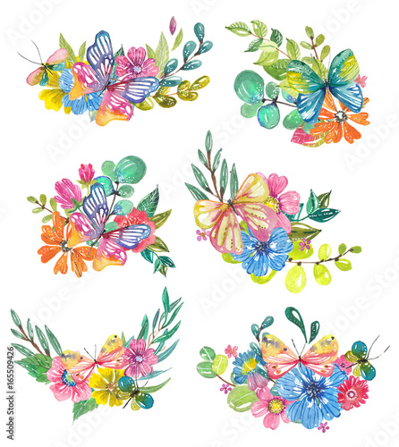 Watercolor background with butterflies and bubbles