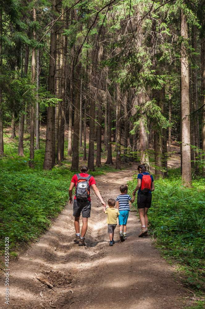 Family trip on forest trail Family trip on forest trail