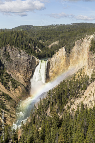 Yellowstone Upper Falls Rainbow and Blue Sky