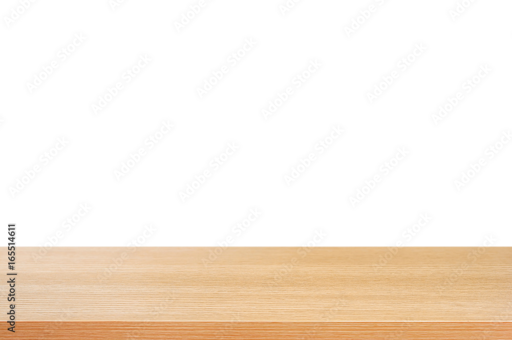 Wood table top on white background