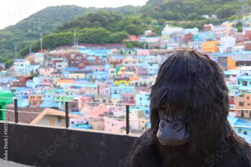 Ape beside a beautiful village