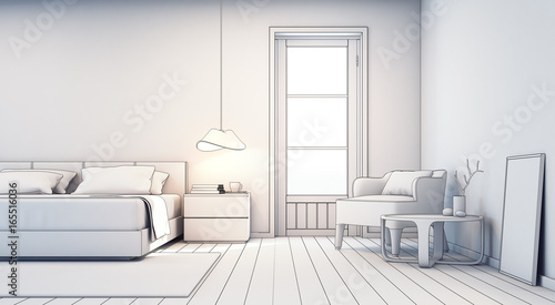 Sketch design of bedroom and living room in modern house - Interior 3D rendering