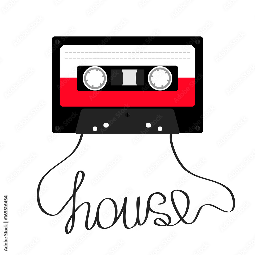 Plastic audio tape cassette with word House music. Retro icon. Recording element. 80s 90s years. Red color template. Flat design. White background. Isolated.